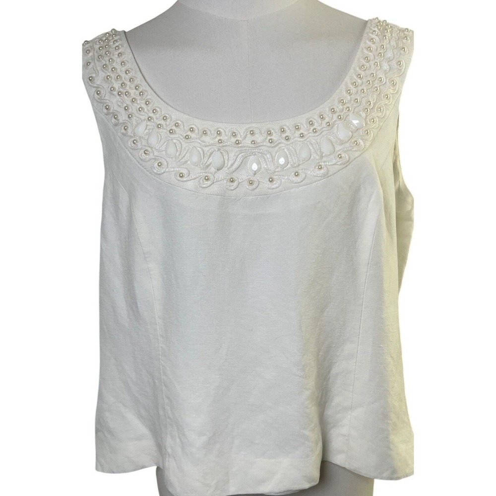 Kasper Womens White‎ Linen Blend Sleeveless Embellished Neckline Top Size 18